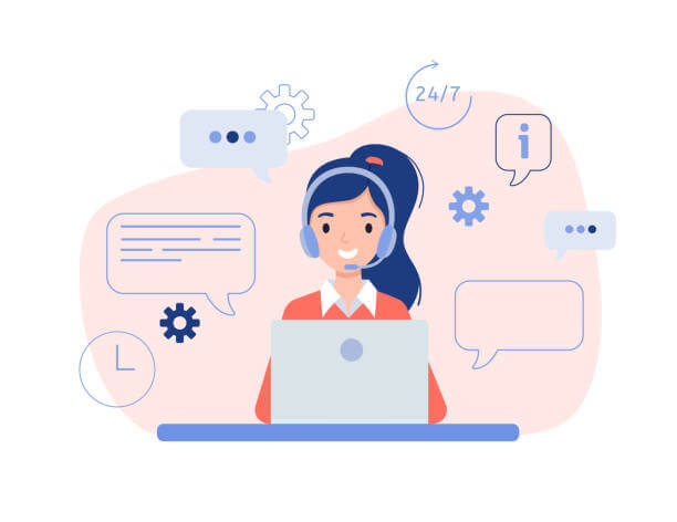 Girl in headphones sitting in front of a laptop. The concept of online help, training and consulting clients. Vector illustration in flat design style.